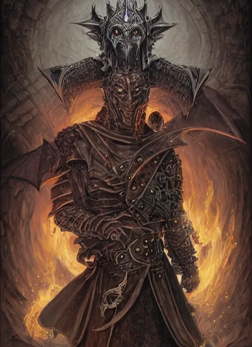 Prompt: Tiberius Stormwind, Dragonborn Sorcerer from Draconia and a member of Vox Machina, industrial rust, dark RA face illustration, symmetrical, evil, chaos, hypermaximalist, ornate, horror, Cliff nielsen, Peter Mohrbacher, Marc Simonetti, detailed, intricate ink illustration, symmetry, bloodborne