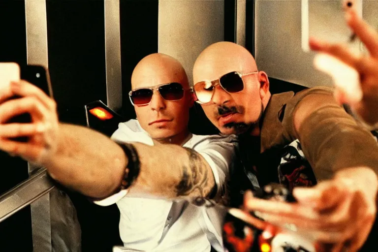 Prompt: pitbull taking a selfie with a fan while trapped in a pinball machine in 1 9 8 5, y 2 k cybercore, industrial low - light photography, still from a kiyoshi kurosawa movie