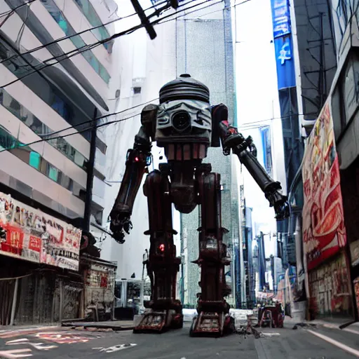 Image similar to a giant doom droid in a dirty cyberpunk shinjuku street