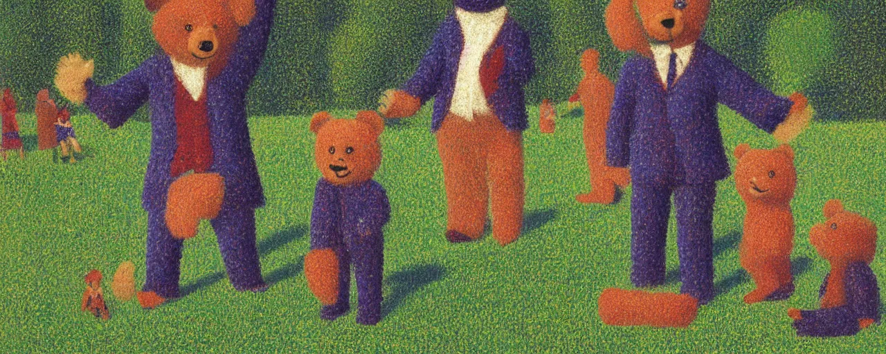 Image similar to teddy bear shakespeare in the park, from the terrifying and incomprehensible beyond, body horror, by david hockney, seurat