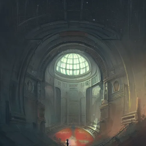 Image similar to concept art by greg rutkowski, a futuristic large inner garden under a great dome, desolate, covered in reddish slime on all sides, uncanny atmosphere, low light, scary atmosphere, scifi, highly detailed portrait, digital painting, artstation, concept art, smooth, sharp foccus ilustration, artstation hq