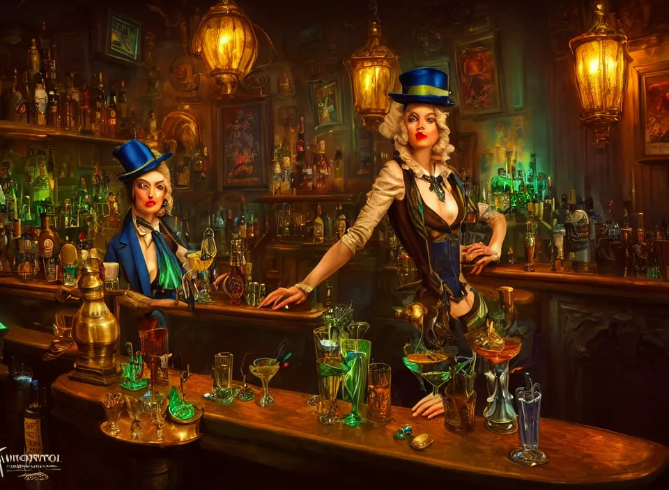 Prompt: parrot anthro as dapper bartender, dimly-lit cozy tavern, fantasy art, detailed painterly digital art style by Rolf Armstrong, d&d vibe, fireplace, furaffinity, 🍸, 8k octane beautifully detailed render, post-processing, extremely hyperdetailed, intricate, epic composition, grim yet sparkling atmosphere, cinematic lighting + masterpiece, trending on artstation, very detailed, vibrant colors