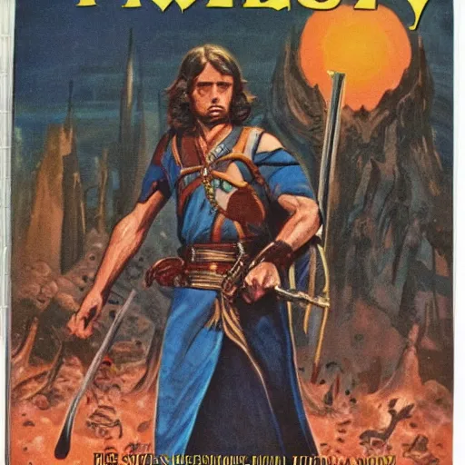 Prompt: 1970s sword and sorcery paperback book cover