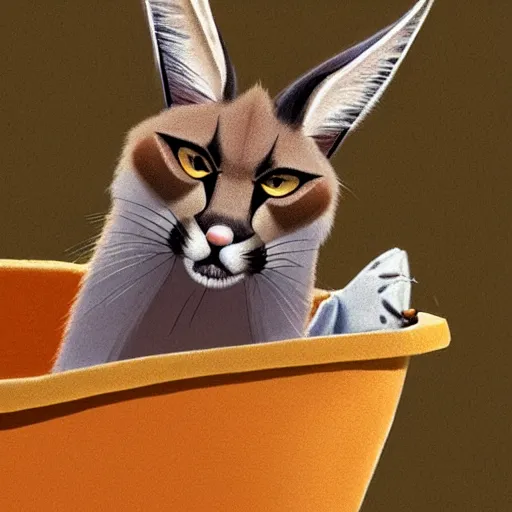 Prompt: Goro Fujita illustrating photo of a cute caracal in a bathtub