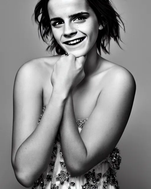 Prompt: A photo of laugh emma watson. she has wedding ring on his fingers. 50 mm. perfect ring. award winning photography