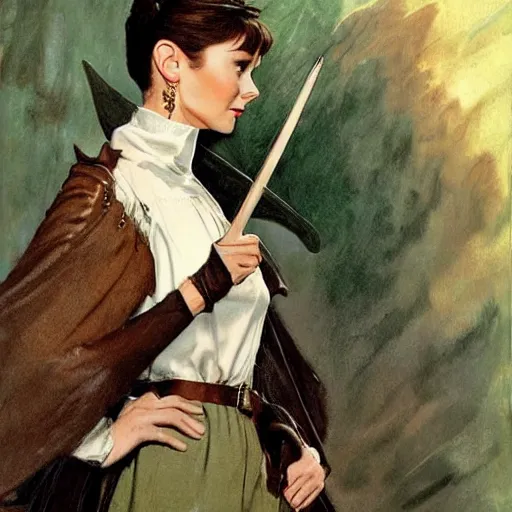 Prompt: a beautiful woman, beauty, looks like Audrey Hepburn, bard, brown hair, messy hairstyle, bangs, cream colored peasant shirt, brown pants, leather boots, dark green cloak, round hood, elf ears, youthful, white background, dungeons and dragons, proportionate, by j.c. leyendecker