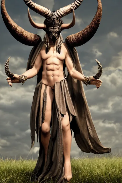 Prompt: an unreal engine render of a pagan god + creature with large black eyes and wide tall horns, hyper realistic, detailed anatomy