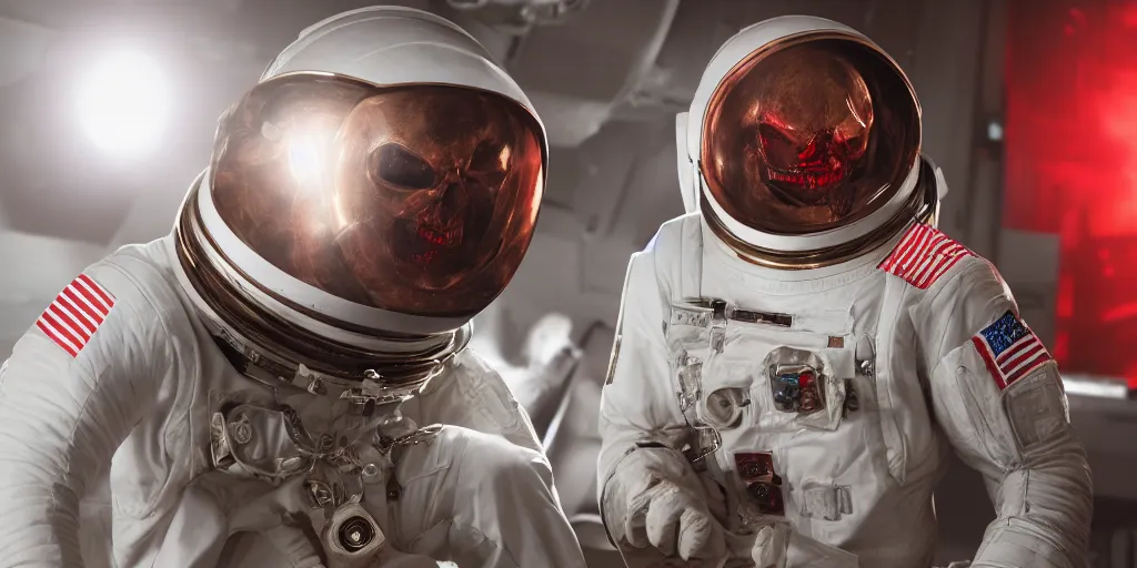 Image similar to ornate red skull in astronaut suit, gold linens, cinematic lighting, dramatic, octane render, long lens, shallow depth of field, bokeh, anamorphic lens flare, 8k, hyper detailed