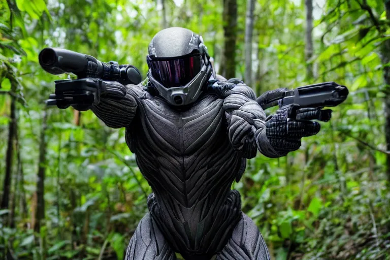 Image similar to Crysis Nanosuit shooting at enemies in a jungle combat photography 2022, Canon EOS R3, f/1.4, ISO 200, 1/160s, 8K, RAW, unedited, symmetrical balance, in-frame,