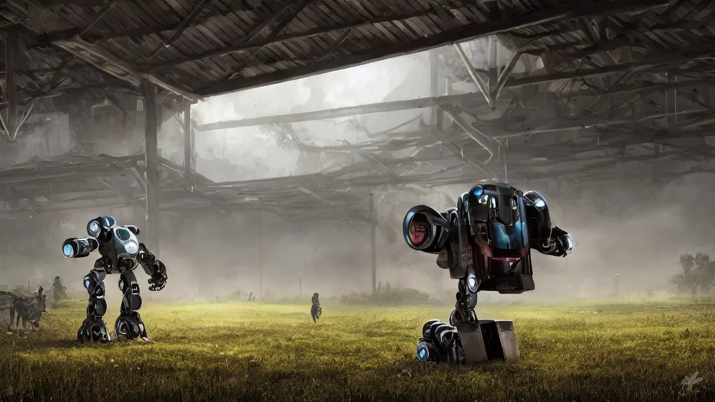 Prompt: Amazing photorealistic digital concept art of a guardian robot in a rural setting by a barn, by James Clyne and Joseph Cross. Cinematic. LED lighting. Wide angle. Clean lines. Balanced composition.