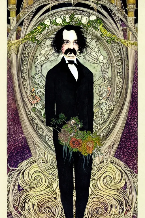 Image similar to realistic portrait of edgar allen poe in the center of an ornate floral frame, detailed art by kay nielsen and walter crane, illustration style, watercolor