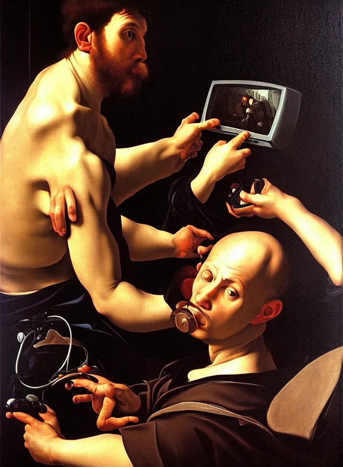 Image similar to Portrait of a man playing a video game on a CRT television. Painting by Caravaggio. Intricate details. hyper realism. Masterpiece.