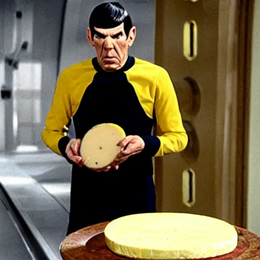 Prompt: spock eating a large wheel of cheese,