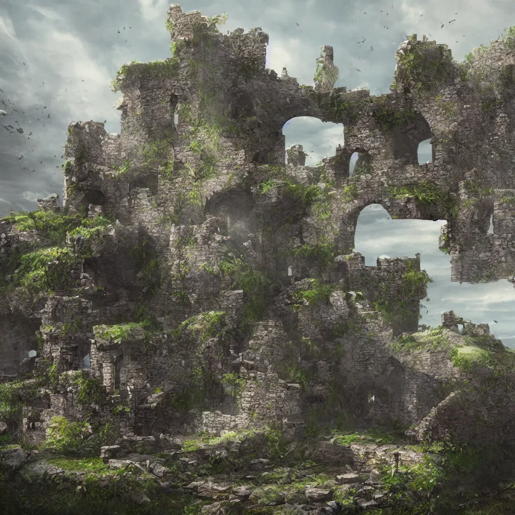 Image similar to looking up at a ruined castle on a small island only reachable by a small land bridge, 8 k, ultra realistic cinematic, intricate, cinematic light, concept art, illustration, art station