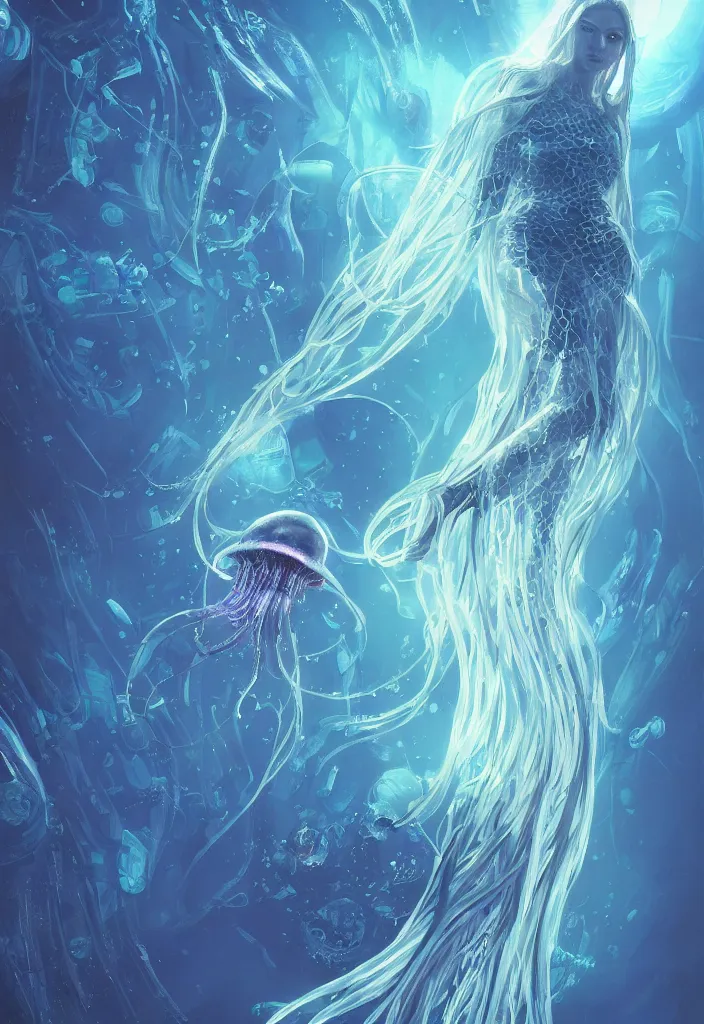 Image similar to Panorama hyper detailed painting of a cyberpunk jellyfish, blue tones, underwater, 8 mm, highly detailed, digital painting, artstation, concept art, smooth, sharp focus, illustration, art by artgerm and greg rutkowski and alphonse mucha