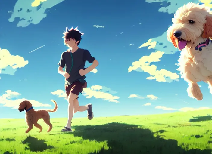 Image similar to young adult running with his goldendoodle over a green maedow, sunny sky background illustration concept art anime key visual trending pixiv fanbox by wlop and greg rutkowski and makoto shinkai and studio ghibli and kyoto animation symmetrical facial features