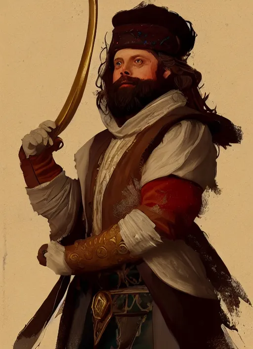 Prompt: illustration of michael j fox as a bard dressed in renaissance clothing with a big beard, by greg rutkowski artstation