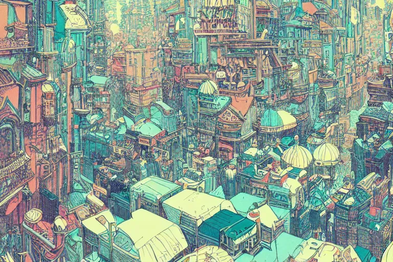 Image similar to a scene of a bustling fantasy city, risograph, retro fantasy style, victo ngai, moebius, studio ghibli