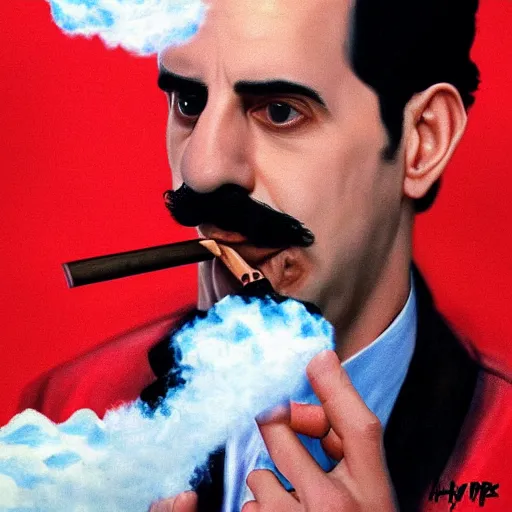 Image similar to A portrait of borat sagdiyev smoking a rolled marijuana joint, 8k, hyper realistic