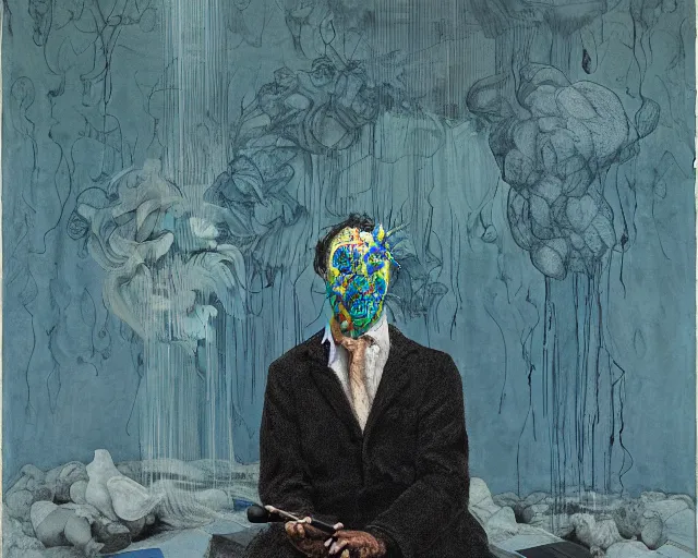 Image similar to portrait of a transforming masked actor sitting on a stalagmite looking into a tablet smoking vape by james jean and luc tuymans and beeple and hernan bas and pat steir and hilma af klint, psychological, 3 d, dripping paint, high quality render, masterpiece