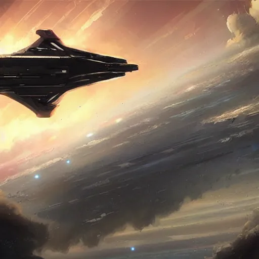 Image similar to battlestar galactica in earth's atmosphere, style of greg rutkowski