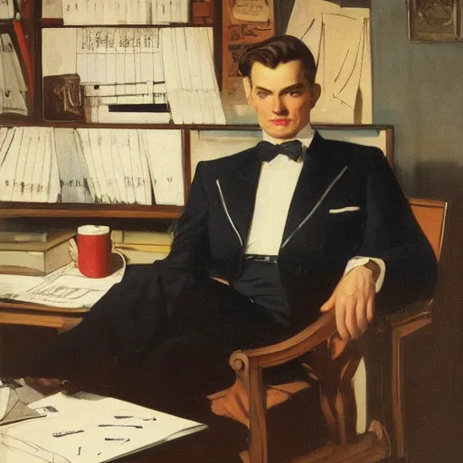 Image similar to man in desk with coffee and black suit by leyendecker and dean cornwell, 8 feet from the camera, 6 0 ´ s german design furniture