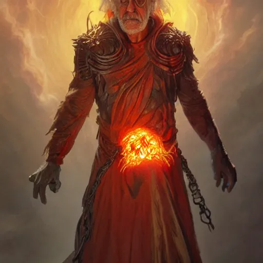 Image similar to Christopher Lloyd as belial, burning and falling from the sky, full_body!!, dungeons and dragons, highly_detailed!!, Matte painting, artstation, concept art, sharp focus, illustration, art by artgerm and greg rutkowski and alphonse mucha