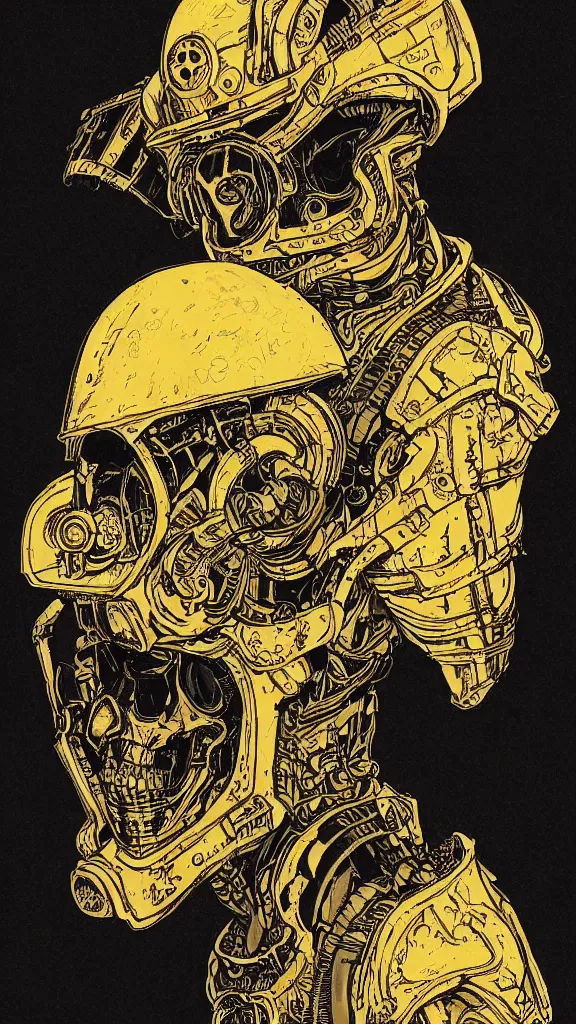 Image similar to portrait of a dead cyberpunk space pirate in concept armor with golden cyborg skull in a futuristic prototype oxygen intake helmet by Abigail Larson + Alan Lee + Audrey Kawasaki + Giovanni-Piranesi + Winsor-McCay + Howard-Pyle, headshot, 8k vhs glitch, cinematic, sharp focus, smooth, sense of awe