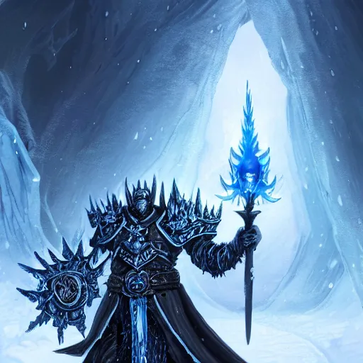 Prompt: the lich king with sindragosa on a frozen battlefield trending on artstation