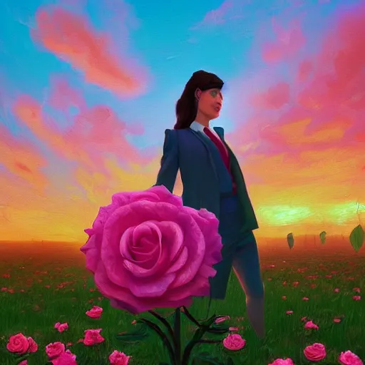 Image similar to giant rose flower head, frontal, girl in a suit, surreal photography, sunrise, dramatic light, impressionist painting, digital painting, artstation, simon stalenhag