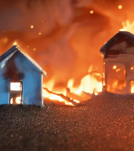 Image similar to melting, plastic house, on fire, cinematic lighting, highly detailed 8 k