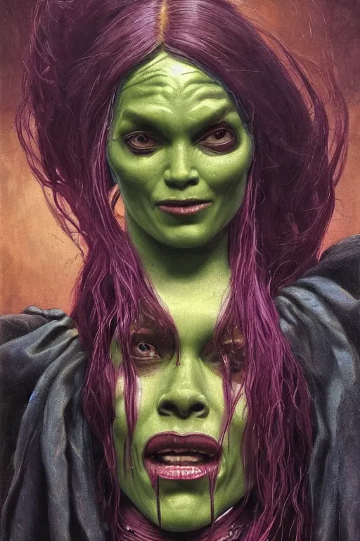 Image similar to Baroque painting of Gamora, inspired by Gustav Moreau and Wayne Barlowe, exquisite detail, hyper realism, ornate, exquisite detail, cute face