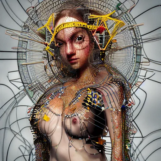 Prompt: give me a higher love, piles of modular synth cables, puerto rican goddess swimming up wearing a headpiece made of circuit boards, by cameron gray, wlop, stanley kubrick, masamune, hideki anno, jamie hewlett, unique perspective, trending on artstation, 3 d render, vivid