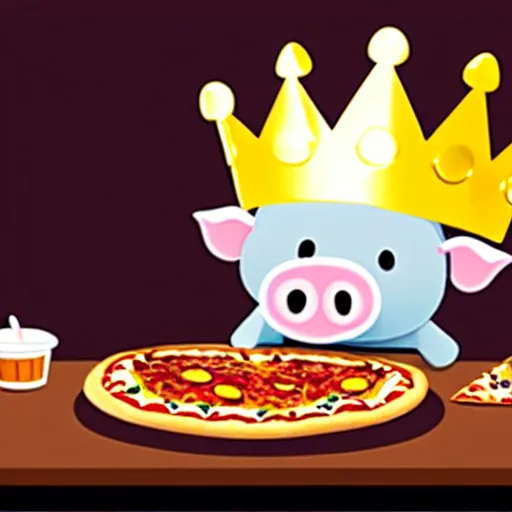 Image similar to realistic photo of a cute plush pig wearing a gold crown eating a pizza at a table with a bib on, high quality, cinematic concept art