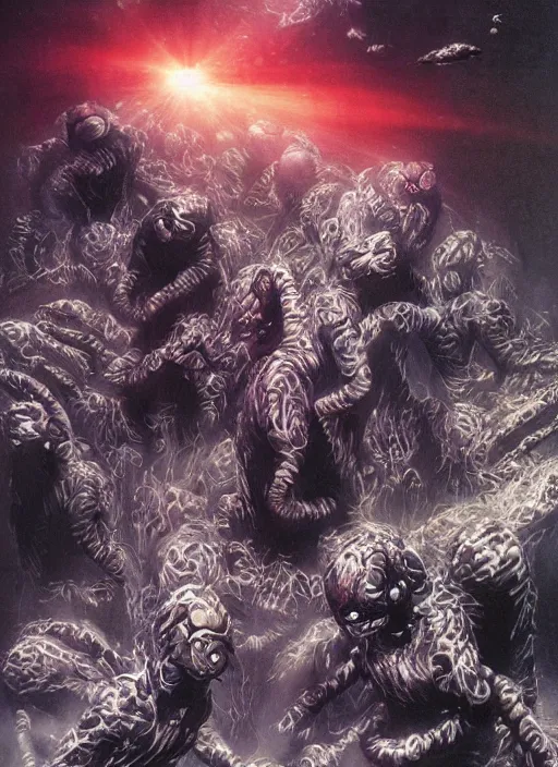 Image similar to astronauts in the dark infinite underwater void - complex and hyperdetailed technical suit, fabric material. reflection and dispersion materials. rays and dispersion of light. volumetric light. wide angle, f / 3 2. noise film photo. flash photography. ultra realistic, wide angle. poster by wayne barlowe, hajime sorayama aaron horkey, craig mullins