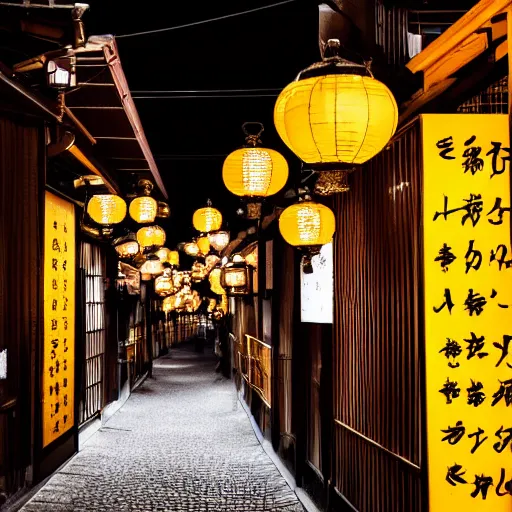 Image similar to night photography of kyoto alleyway at night, golden lanterns, traditional and modern store fronts, bokeh, award winning, dslr, nikon