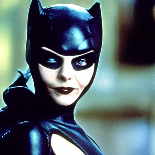 Image similar to “a still of Christina Ricci as Catwoman in Batman Returns”