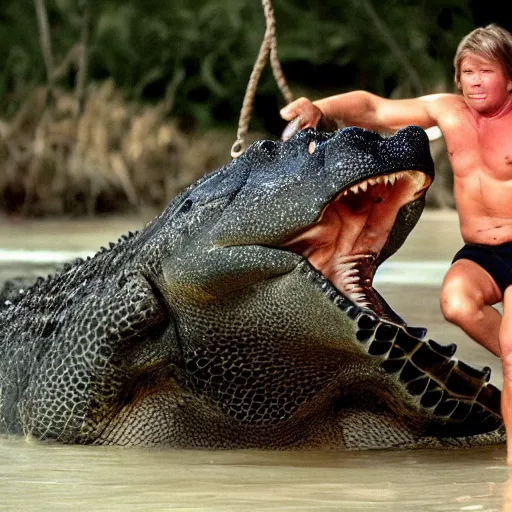 Shirtless Steve Irwin Fighting A Crocodile Inside The Stable Diffusion Openart