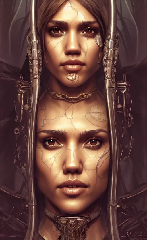 Image similar to symmetry!! portrait of jessica alba in the style of god of war, machine parts embedded into face, intricate, elegant, highly detailed, digital painting, artstation, concept art, smooth, sharp focus, illustration, art by artgerm and greg rutkowski and alphonse mucha, 8 k