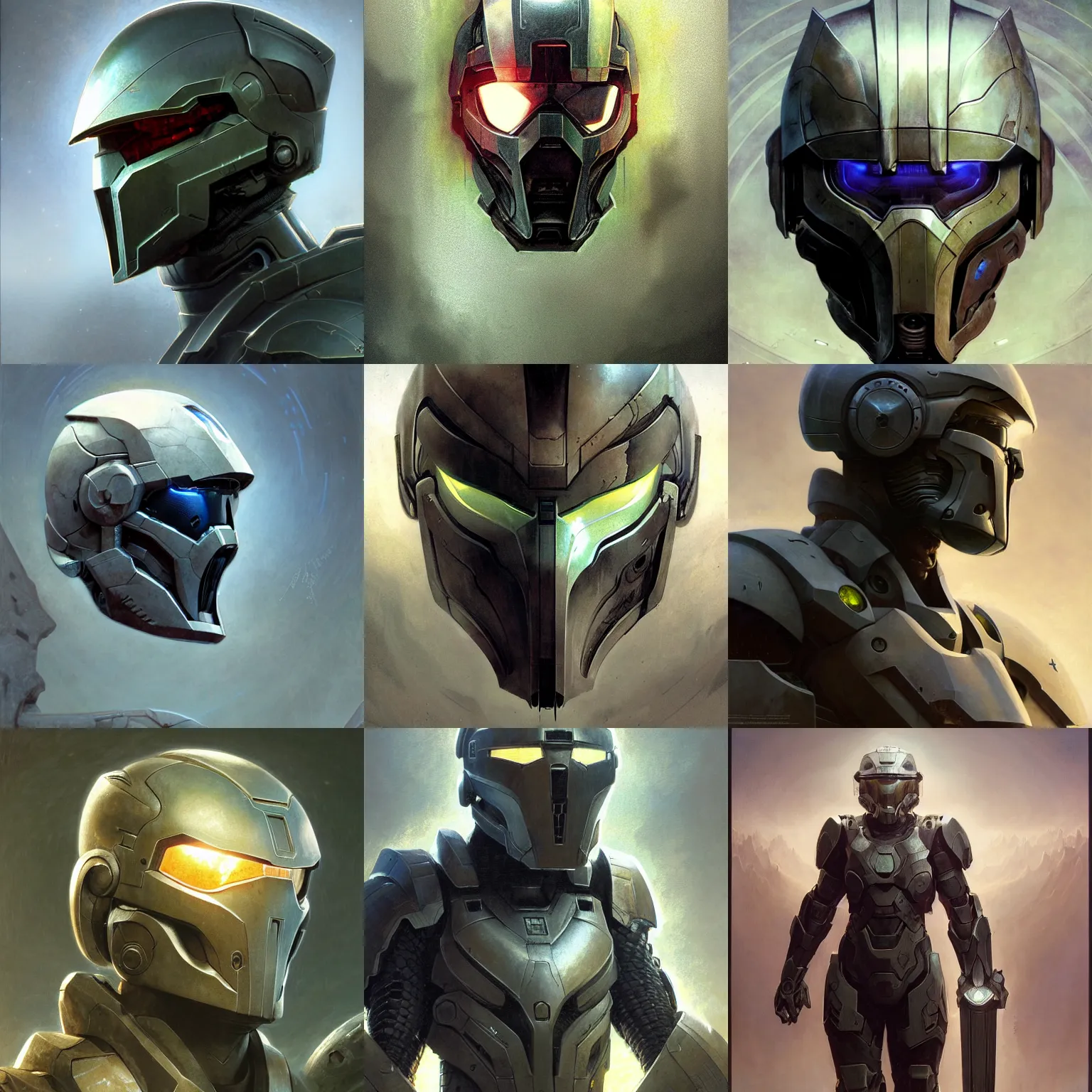 Prompt: a concept art portrait of an mjolnir eva halo reach spartan helmet, award - winning realistic sci - fi concept art by jim burns and greg rutkowski, beksinski, a realism masterpiece, muted color palette, james gilleard, bruegel, alphonse mucha, and yoshitaka amano