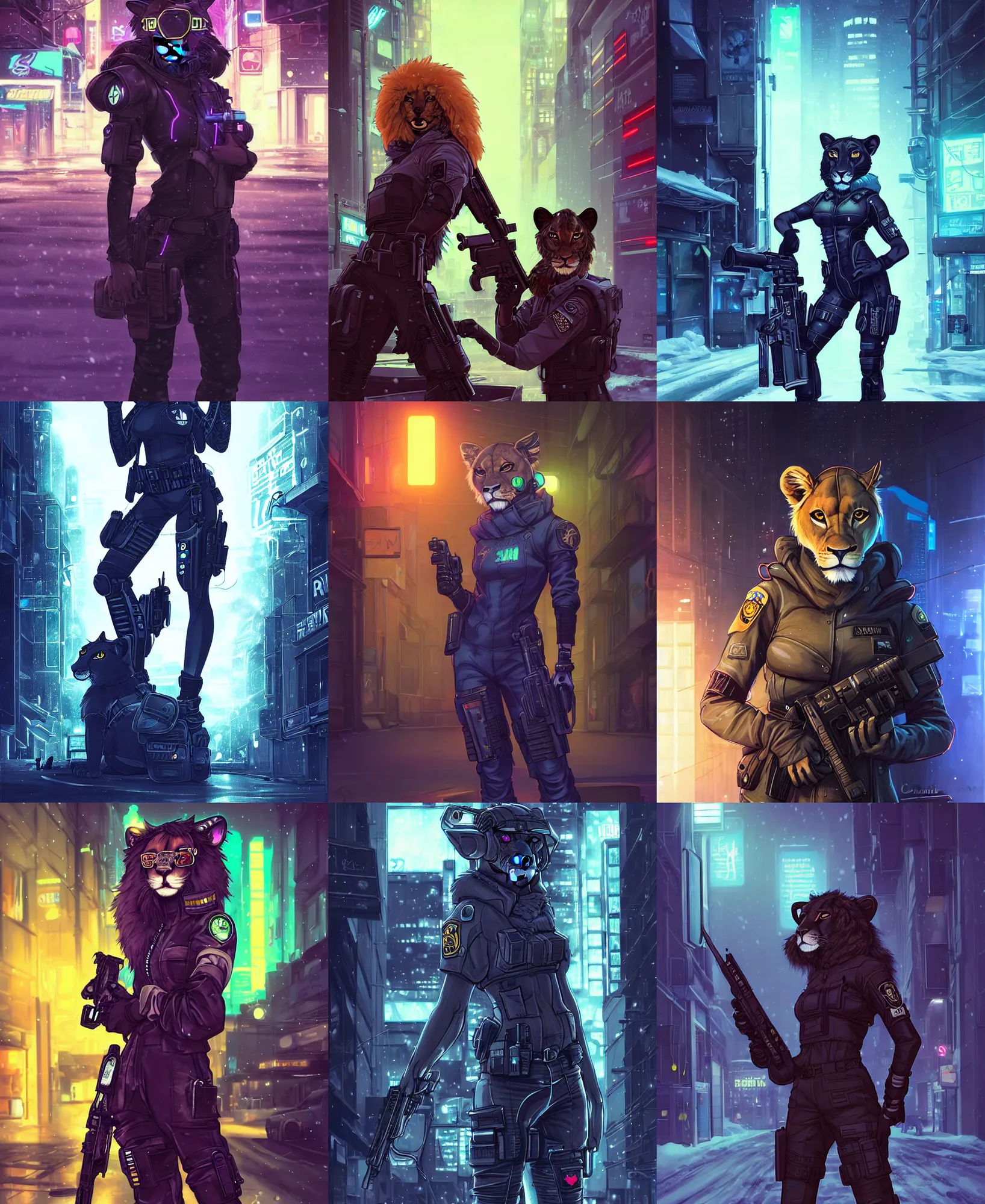 Prompt: beautiful furry art portrait commission of a female furry anthro lioness fursona wearing a tactical cyberpunk swat uniform in the streets of a cyberpunk city at night in the snow. neon light. character design by charlie bowater, ross tran, artgerm, and makoto shinkai, detailed, inked, western comic book art