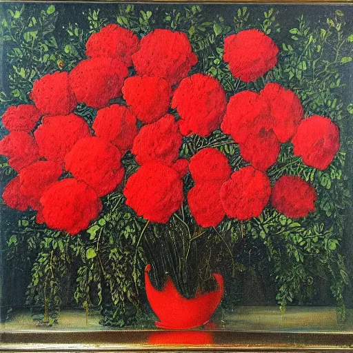 Image similar to oil painting of many various red flowers on a dark background, painted by Sandro Botticelli, the flowers are floating and are seen from the side, dark atmosphere, realistic flowers oil painting