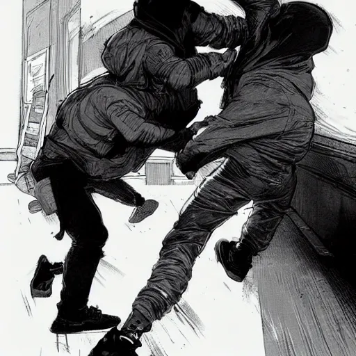 Image similar to a man in a white hoodie fighting a man in a black hoodie, vintage comic, greg rutkowski