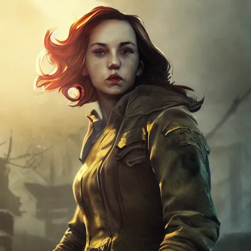 Image similar to fallout 5, charismatic beautiful rugged brunette female protagonist, portrait, outdoors ruined cityscape, atmospheric lighting, painted, intricate, volumetric lighting, beautiful, daytime, sunny weather, slight overcast, sharp focus, deep colours, ultra detailed, by leesha hannigan, ross tran, thierry doizon, kai carpenter, ignacio fernandez rios