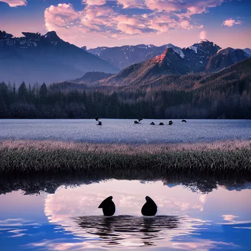 Image similar to photo of two black swans swimming in a beautiful reflective mountain lake, touching heads, forming a heart with their necks, a hot air balloon flying above the swans , granular detail, hot air balloon, intricate, portrait, 8k highly professionally detailed, HDR, CGsociety, octane render, 4k, f32,55mm photography, wide angle