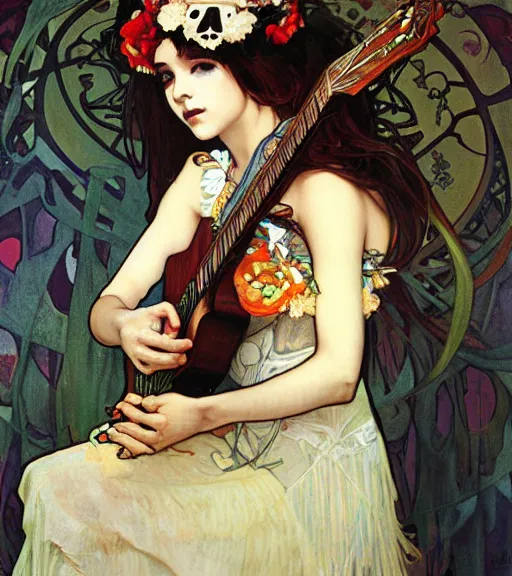 Image similar to realistic detailed painting of a cute Día de los Muertos girl playing guitar by Alphonse Mucha Ayami Kojima Amano Charlie Bowater, masterpiece