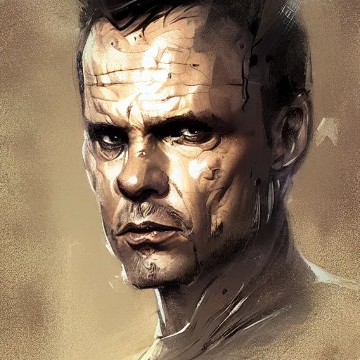 Image similar to portrait of a man by greg rutkowski, he looks like michael biehn, he is wearing a tactical military superhero gear, highly detailed portrait, digital painting, artstation, concept art, smooth, sharp foccus ilustration, artstation hq