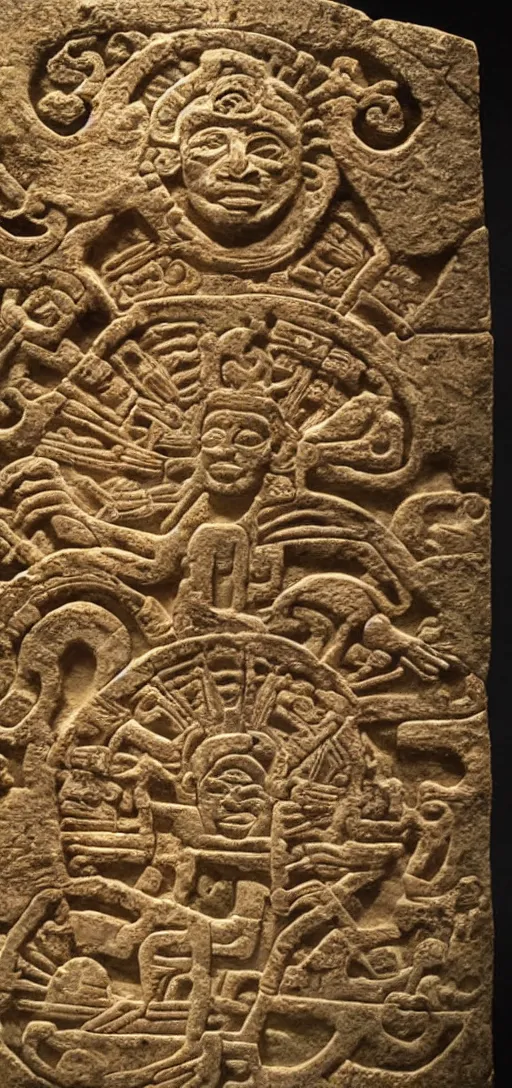 Prompt: a nicely lit high definition digital 8 0 mm photo of ancient mayan wall sculpture engraving about aliens and marijuana