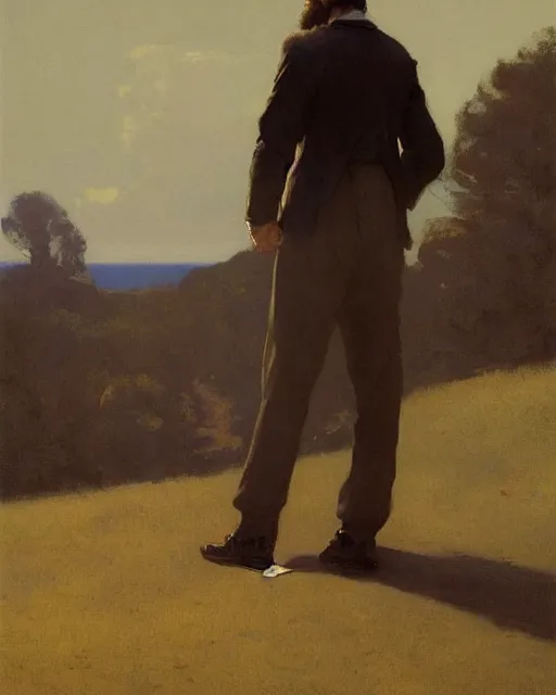 Image similar to a guy waiting for his love to come, art by greg rutkowski, gustave courbet, rosa bonheur, edward hopper. faithfully depicted facial expression, perfect anatomy, sharp focus, global illumination, radiant light, detailed and intricate environment, trending on artstation