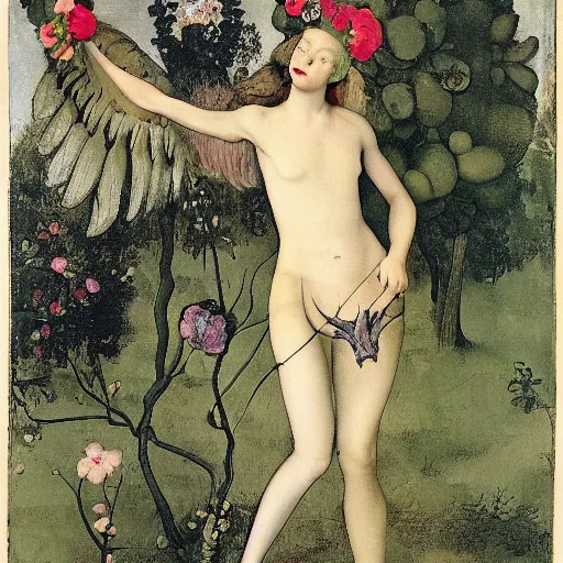 Image similar to portrait of a harpy girl with antlers changing into a flower in a botanical garden, fashion editorial by hans holbein, alexej von jawlensky, clifford judson huss, full body